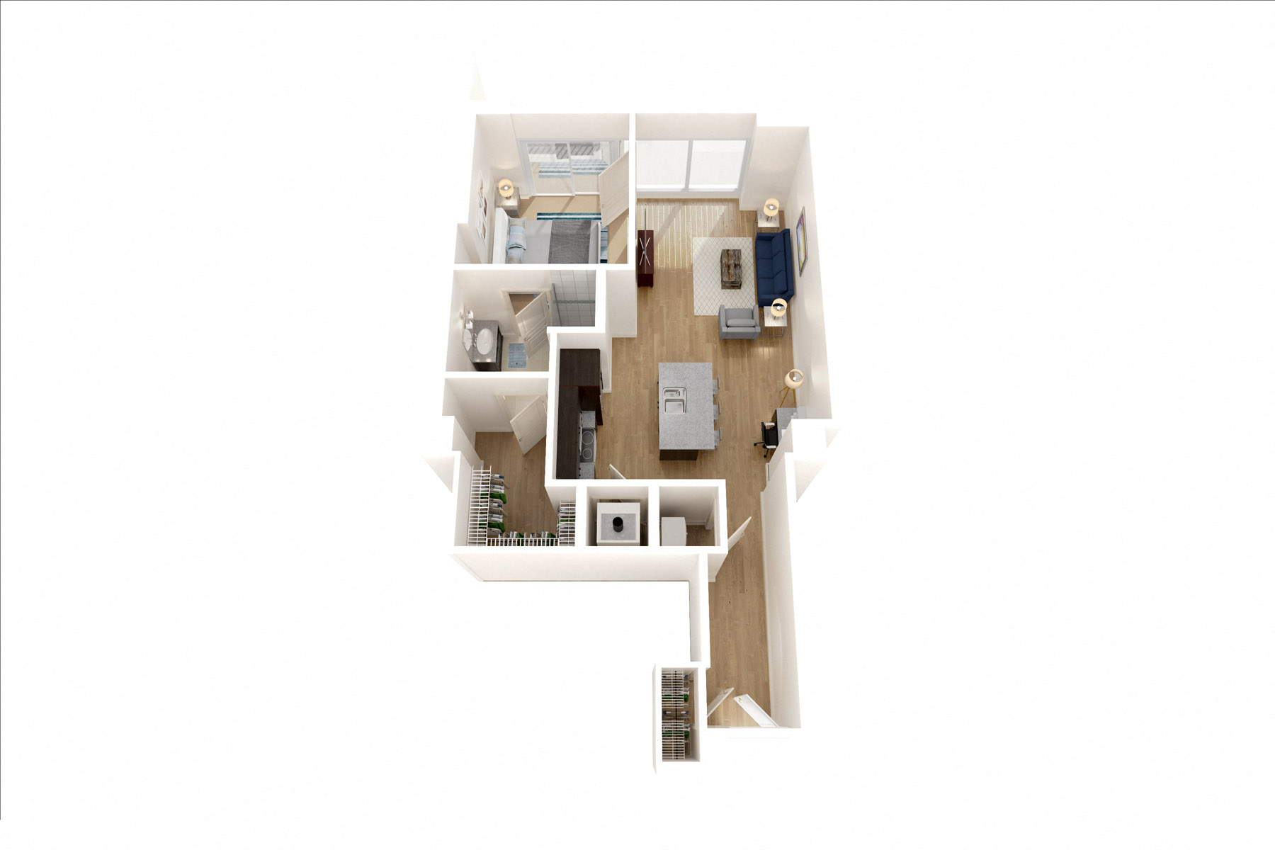 Floor plan for 1 bed, 1 bath, 763 sqft